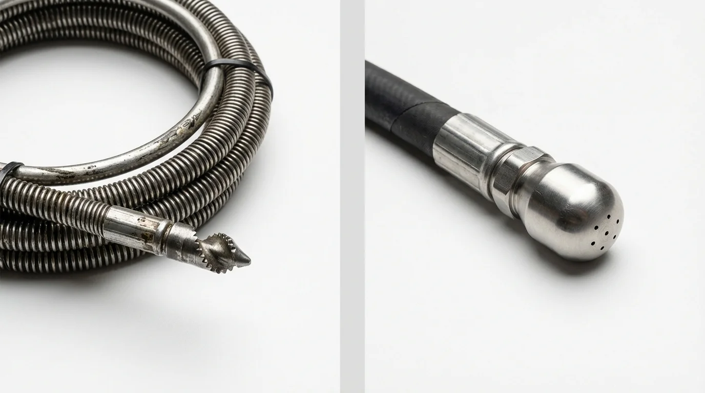 Drain snake cable and hydro jetting nozzle used for drain cleaning in Raton, NM