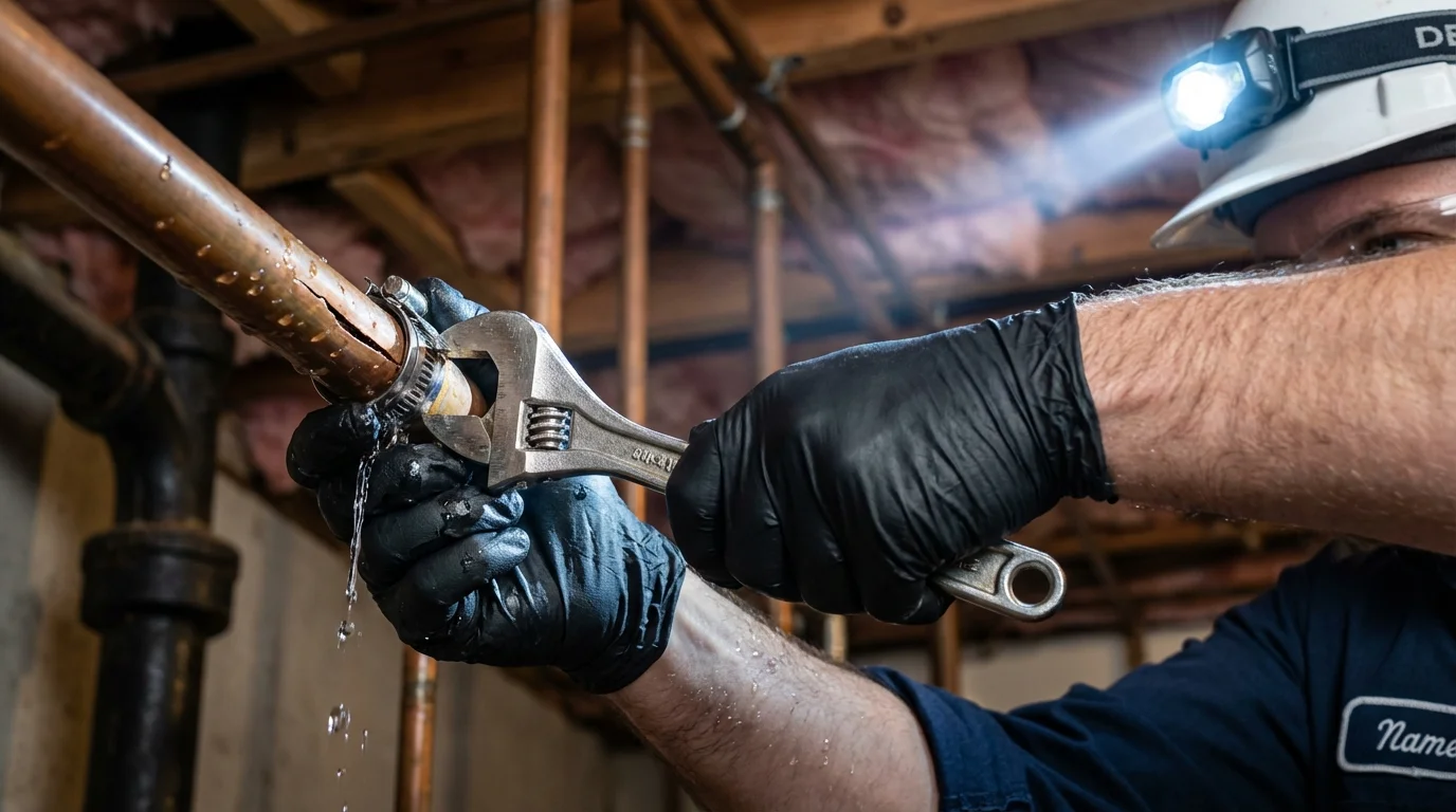 Emergency pipe clamp repair being performed by a Johns Plumbing LLC plumber in Raton